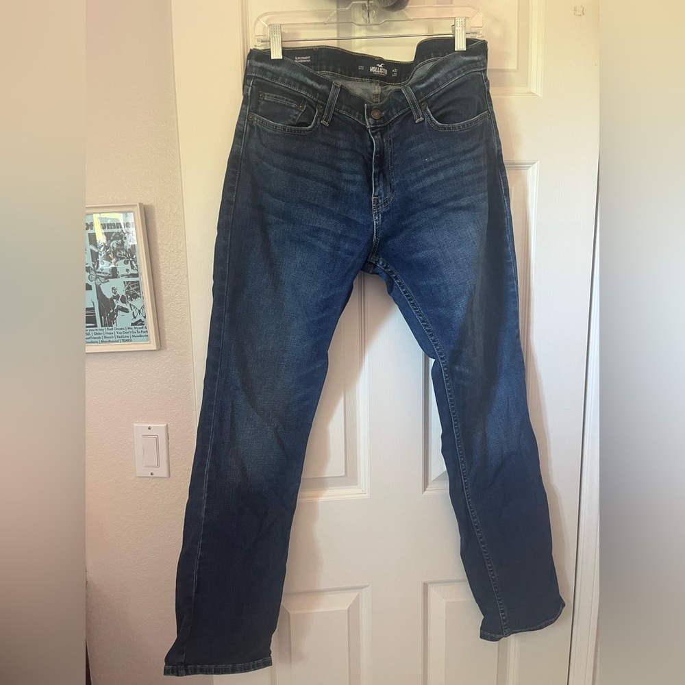 hollister men’s slim straight epic flex dark wash blue denim jeans